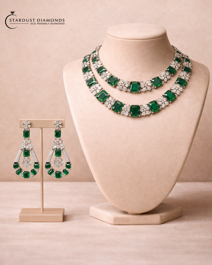 The Verdant Starfall: Double Layered Lab Grown Emerald and Diamond set