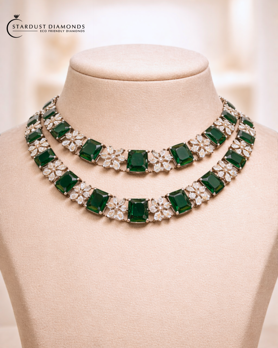 The Verdant Starfall: Double Layered Lab Grown Emerald and Diamond set