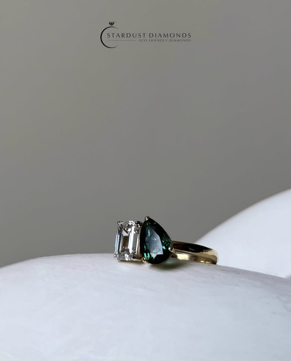 Toi et Moi Elegance: Pear & Emerald Diamond Statement Ring – STARDUST ...